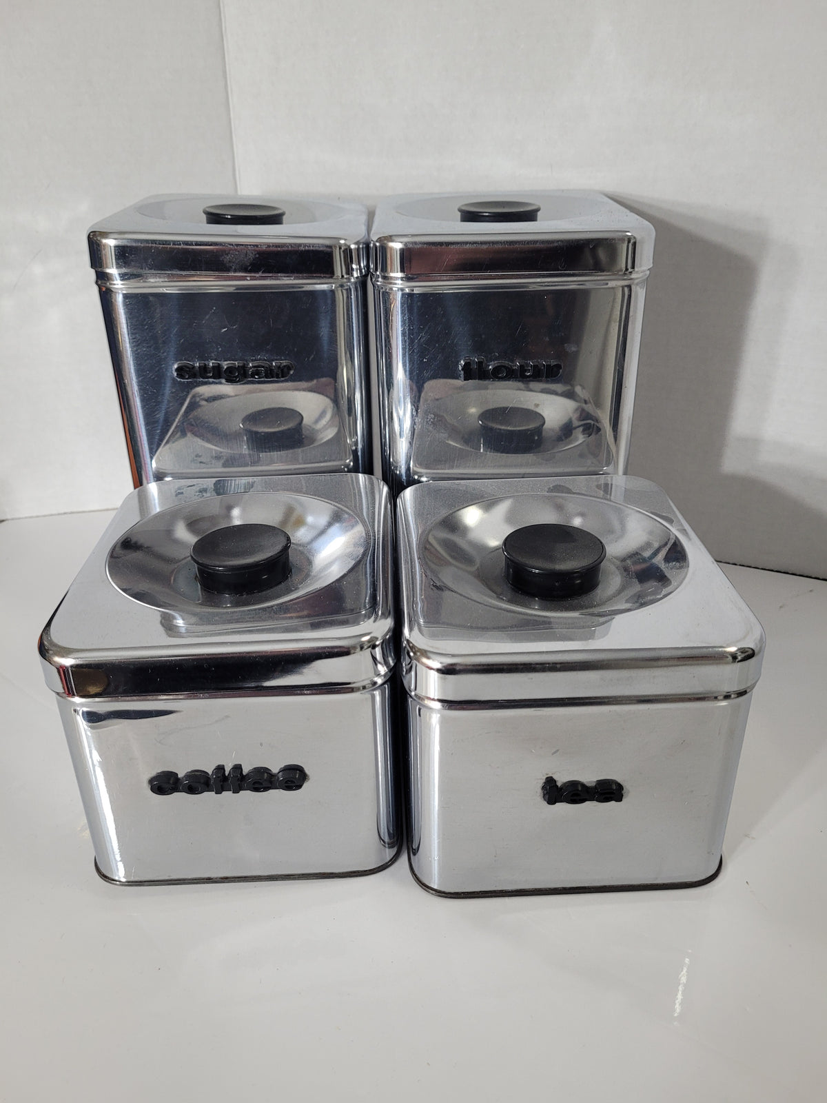 Vintage Queen-Line Chrome Kitchen Canister Set – 4 Canisters with Lids – Made in Canada