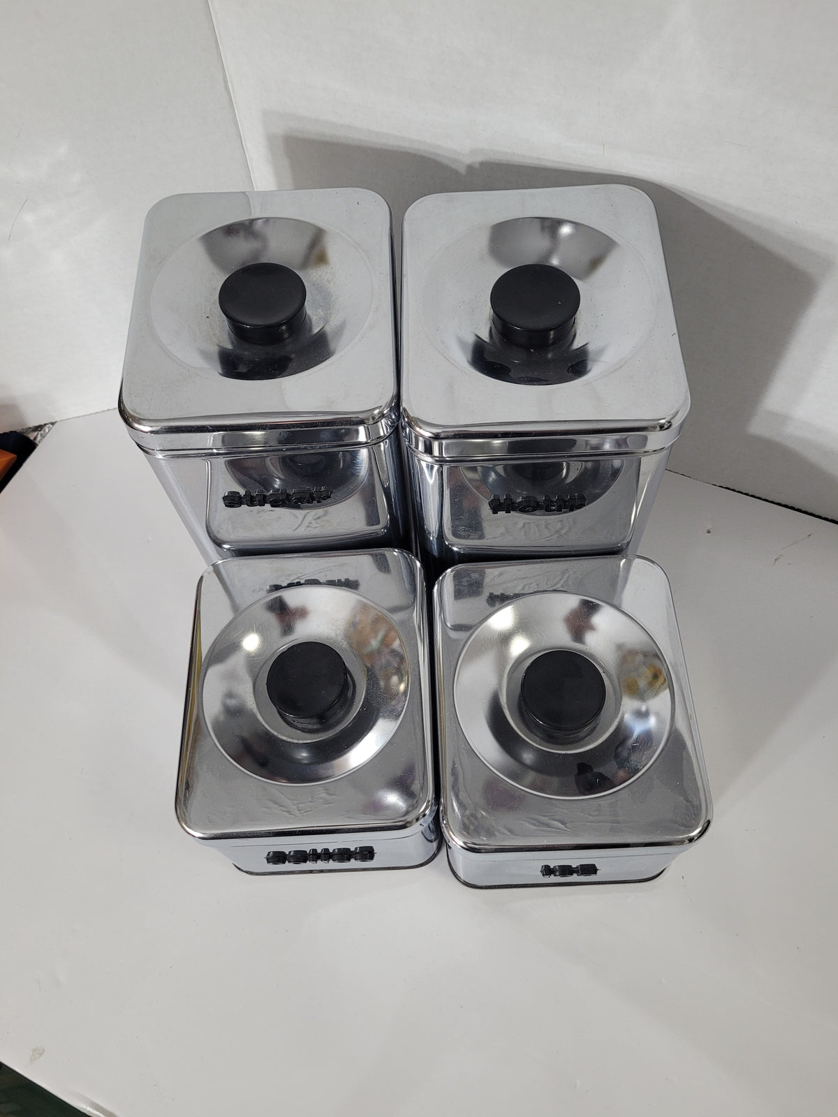 Vintage Queen-Line Chrome Kitchen Canister Set – 4 Canisters with Lids – Made in Canada