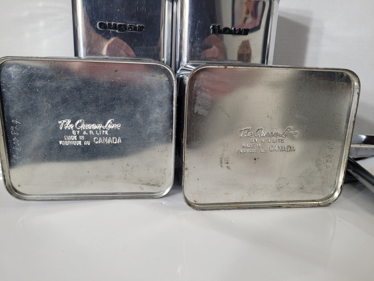 Vintage Queen-Line Chrome Kitchen Canister Set – 4 Canisters with Lids – Made in Canada