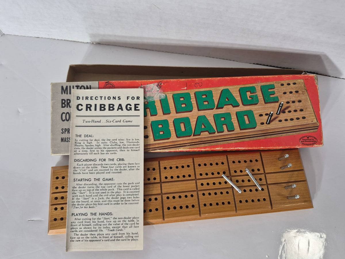 Vintage Milton Bradley Wooden Cribbage Board with Original Box & Instructions