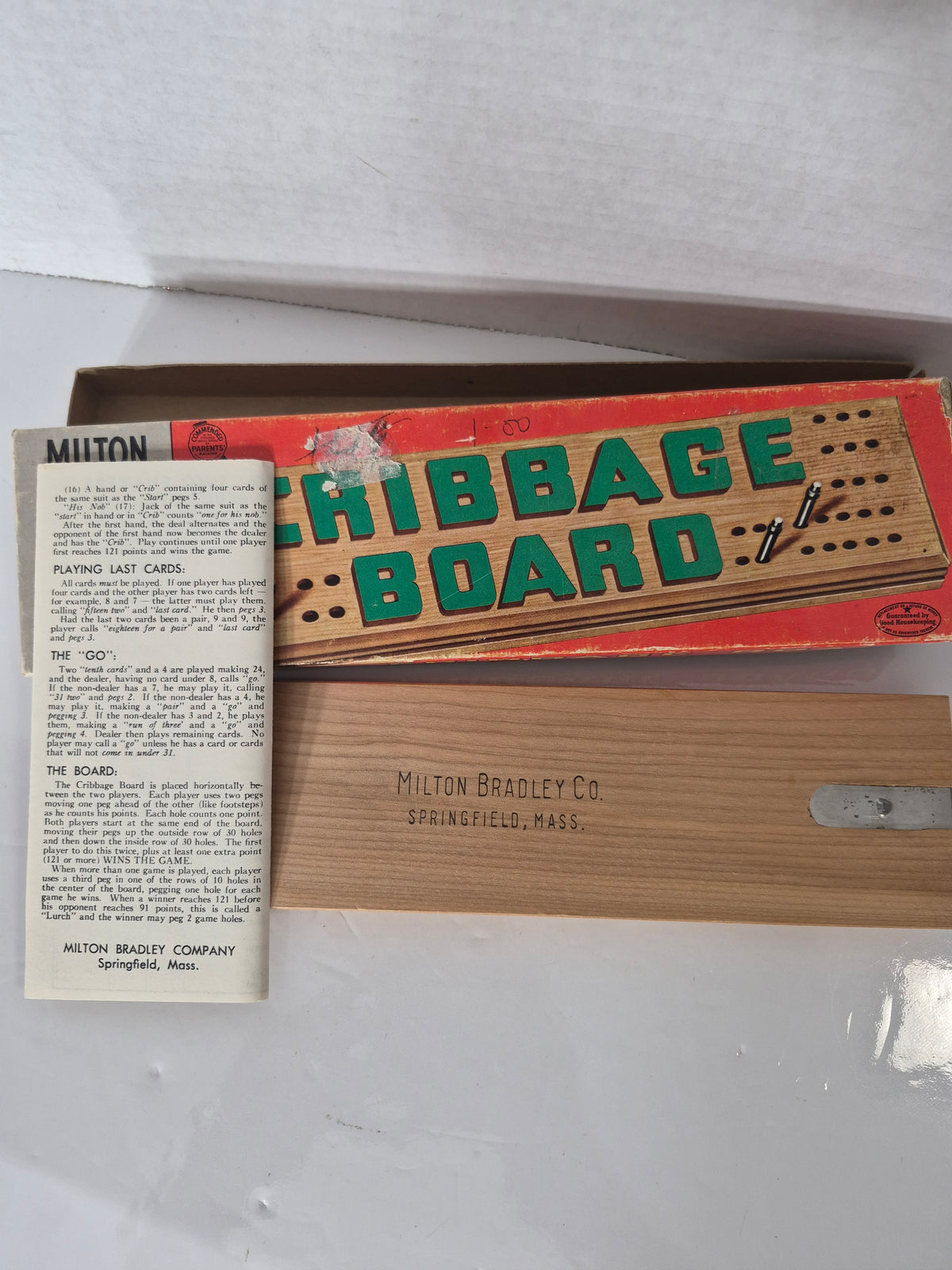 Vintage Milton Bradley Wooden Cribbage Board with Original Box & Instructions