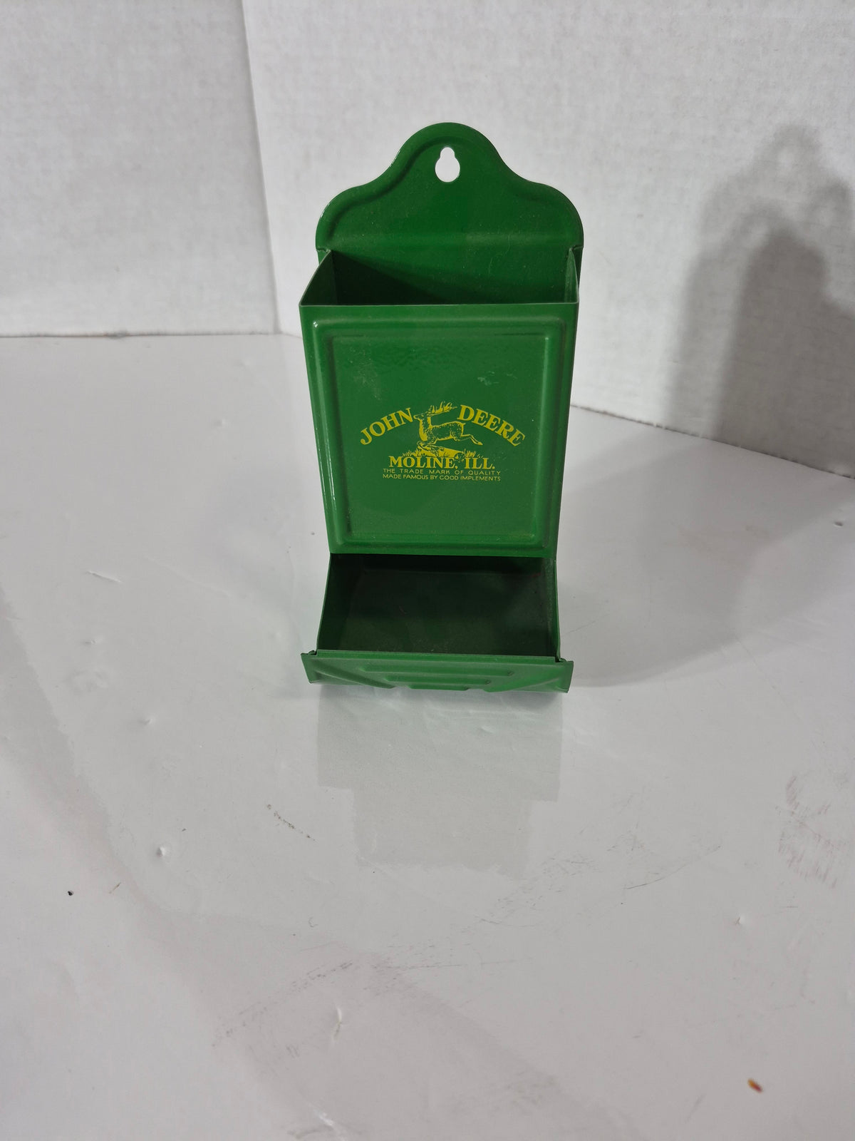 John Deere Tin Matchbox Holder – Wall Mount Match Holder with Pull-Out Tray – Moline Ill Leaping Deer Logo – Green and Yellow