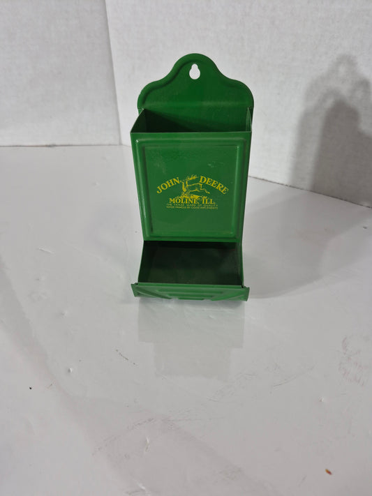 John Deere Tin Matchbox Holder – Wall Mount Match Holder with Pull-Out Tray – Moline Ill Leaping Deer Logo – Green and Yellow