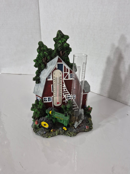 John Deere Tractor & Red Barn Thermometer with Rain Gauge – 7.75″ Tall