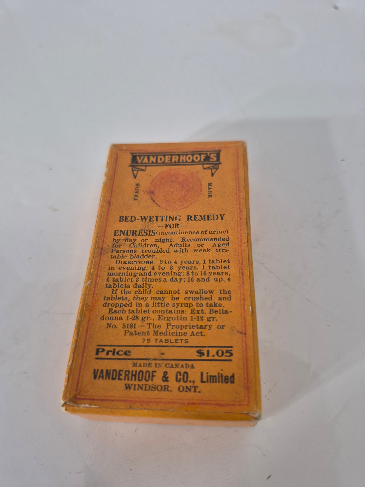 Vintage Vanderhoof’s Bed-Wetting Remedy Box – Windsor Ontario – 3.25 in.