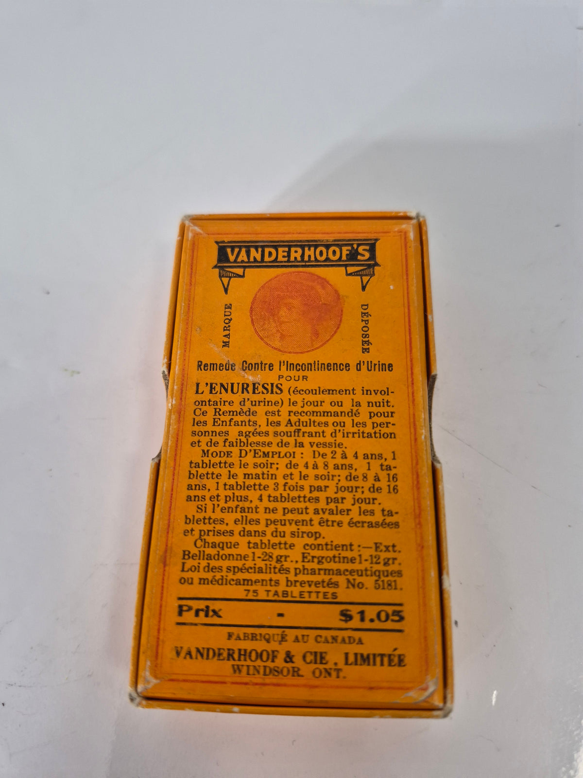 Vintage Vanderhoof’s Bed-Wetting Remedy Box – Windsor Ontario – 3.25 in.