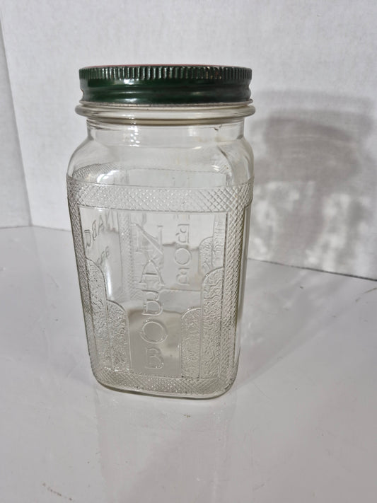 Vintage NABOB Brand Embossed Glass Food Jar with Original Green Metal Lid