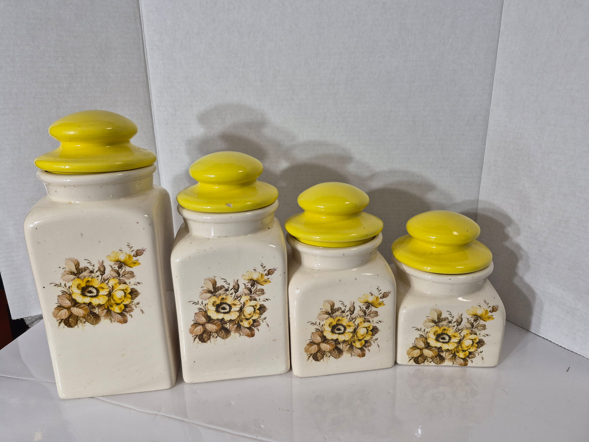 Vintage Ceramic Kitchen Canister Set – Yellow Floral Lids – Set of 4