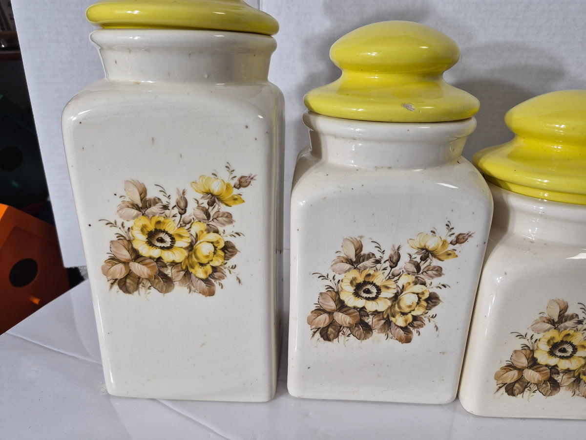 Vintage Ceramic Kitchen Canister Set – Yellow Floral Lids – Set of 4