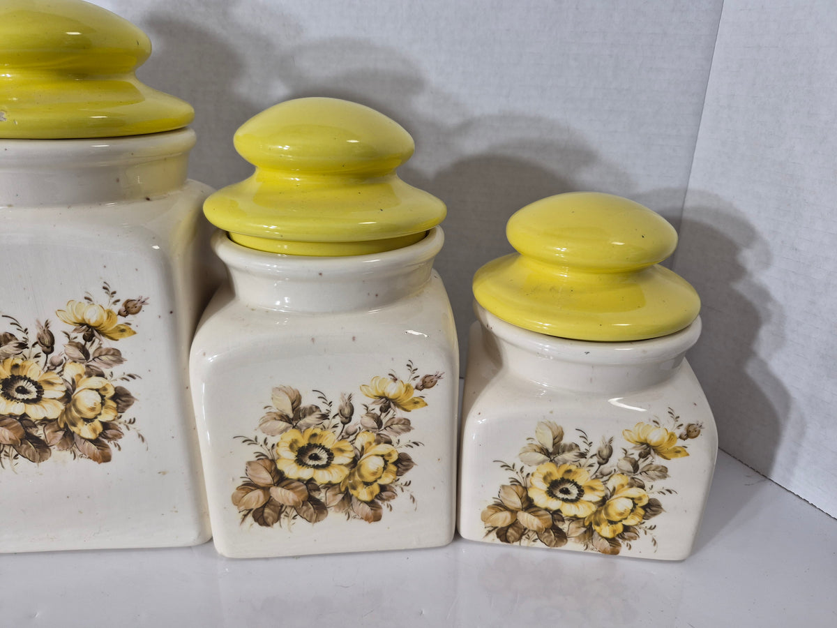 Vintage Ceramic Kitchen Canister Set – Yellow Floral Lids – Set of 4