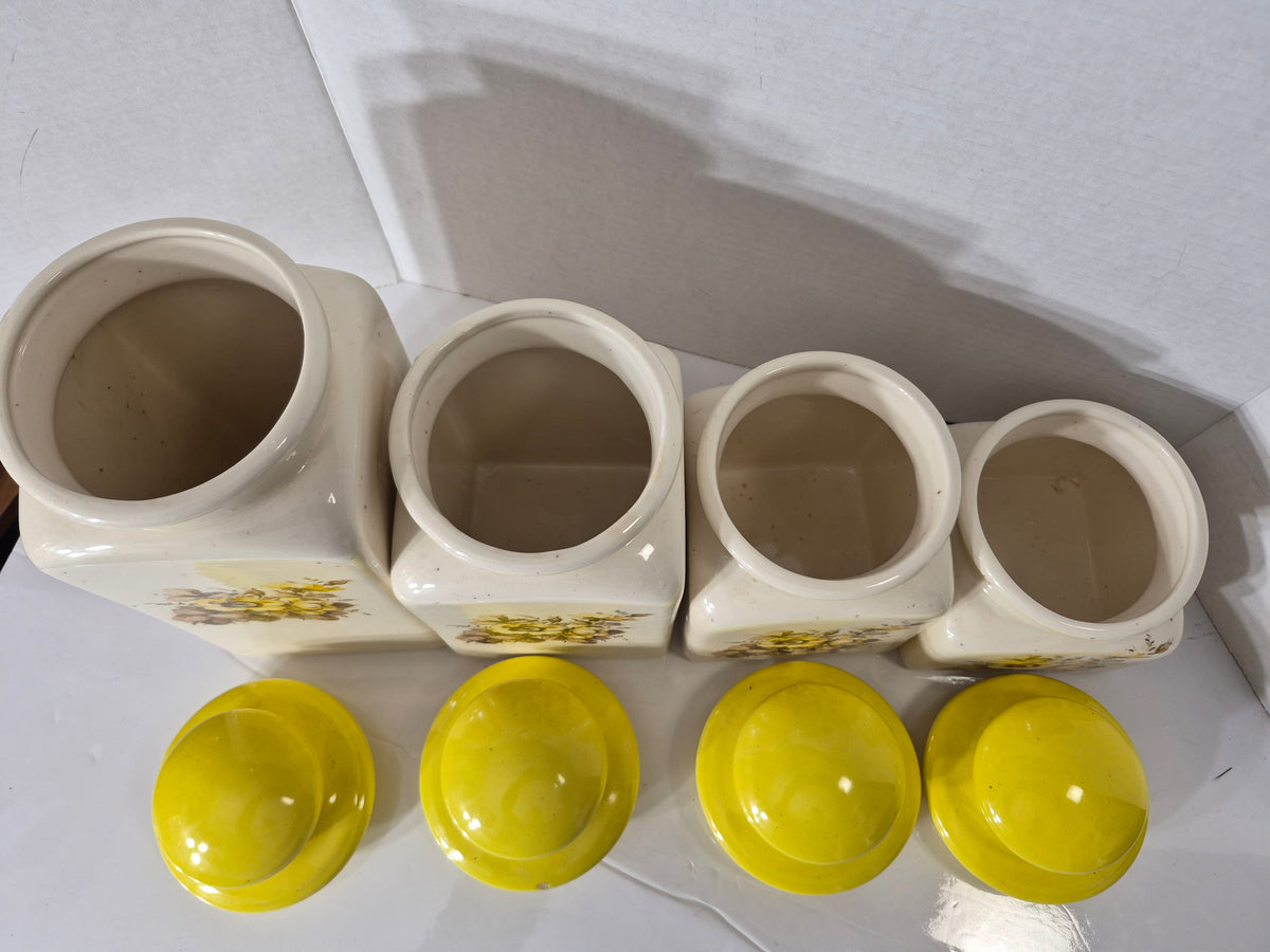 Vintage Ceramic Kitchen Canister Set – Yellow Floral Lids – Set of 4