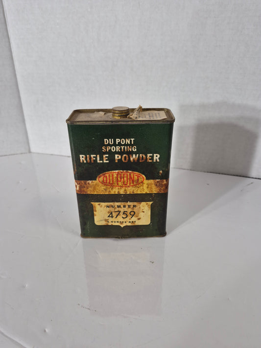 Vintage DuPont Sporting Rifle Powder No. 4759 Tin – 8 oz – Empty Advertising Tin