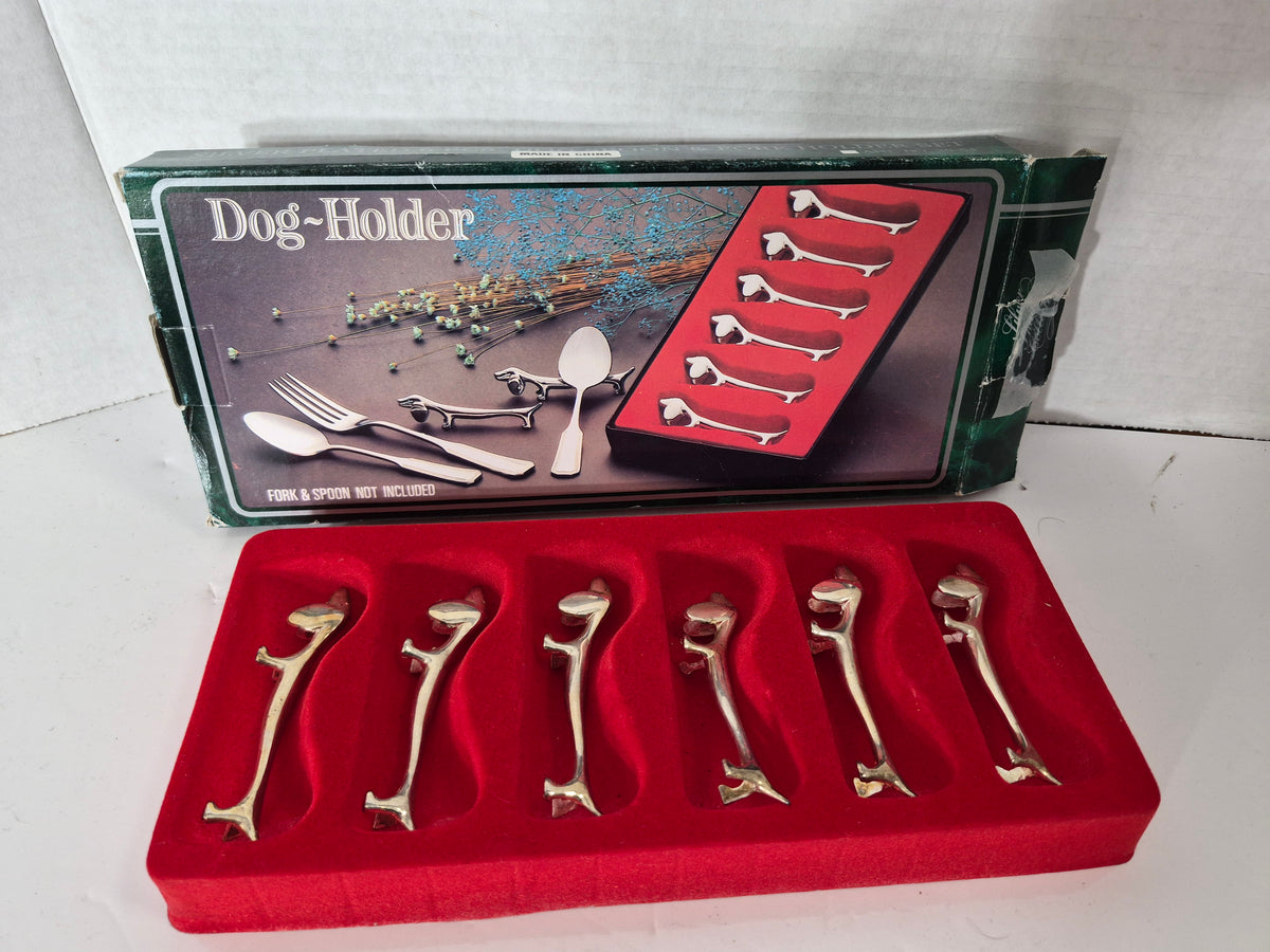 Vintage Silver-Plated Dog Spoon & Fork Holders – Set of 6 with Original Box