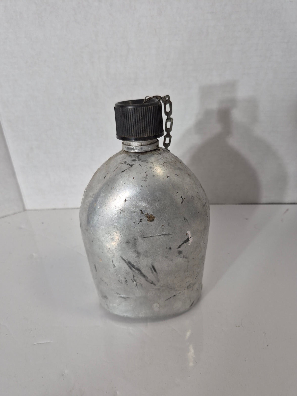 Vintage Aluminum Canteen Flask with Chained Black Screw Cap