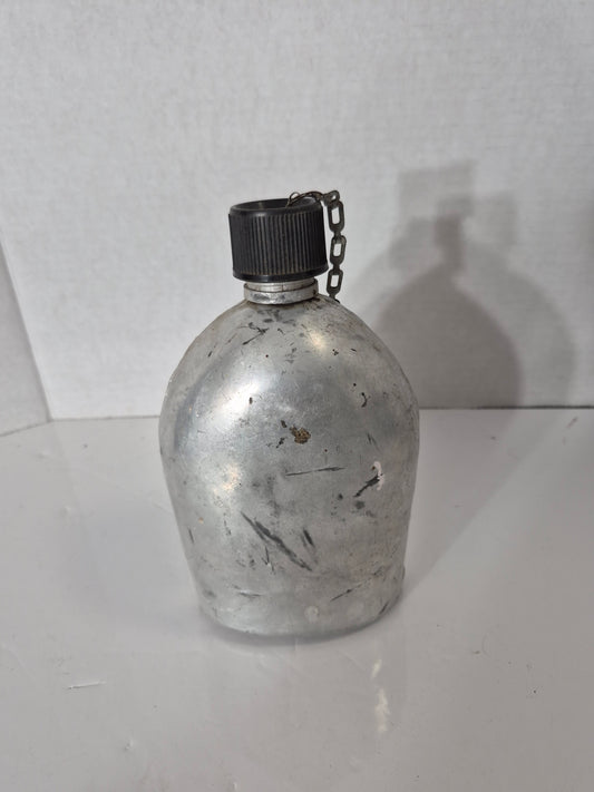 Vintage Aluminum Canteen Flask with Chained Black Screw Cap