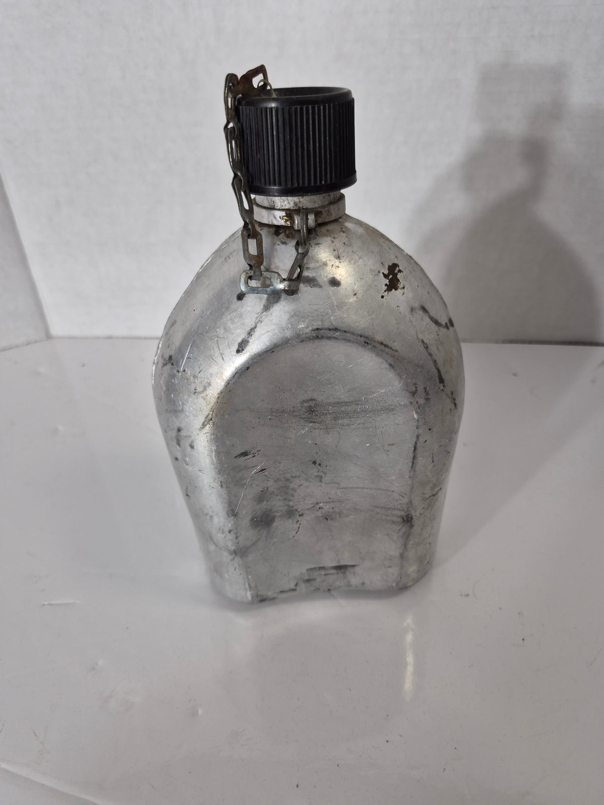 Vintage Aluminum Canteen Flask with Chained Black Screw Cap