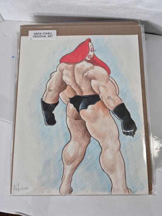 Drew Jones Original Art – Muscular Red-Haired Cartoon Pin-Up – Signed & Dated 2008 – 11" × 14"