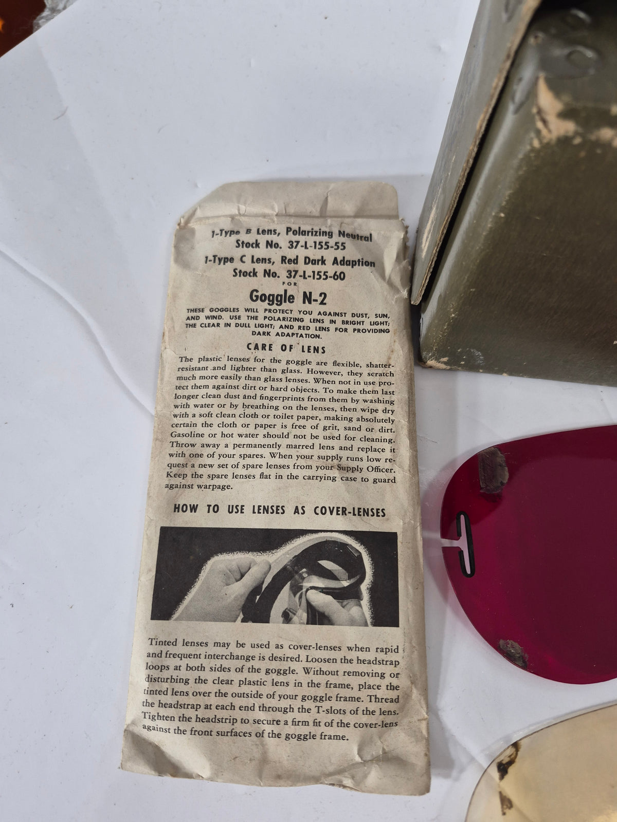 Original WWII U.S. Military Polaroid N-2 / M-1944 Goggle Lens Set – Box & Instructions