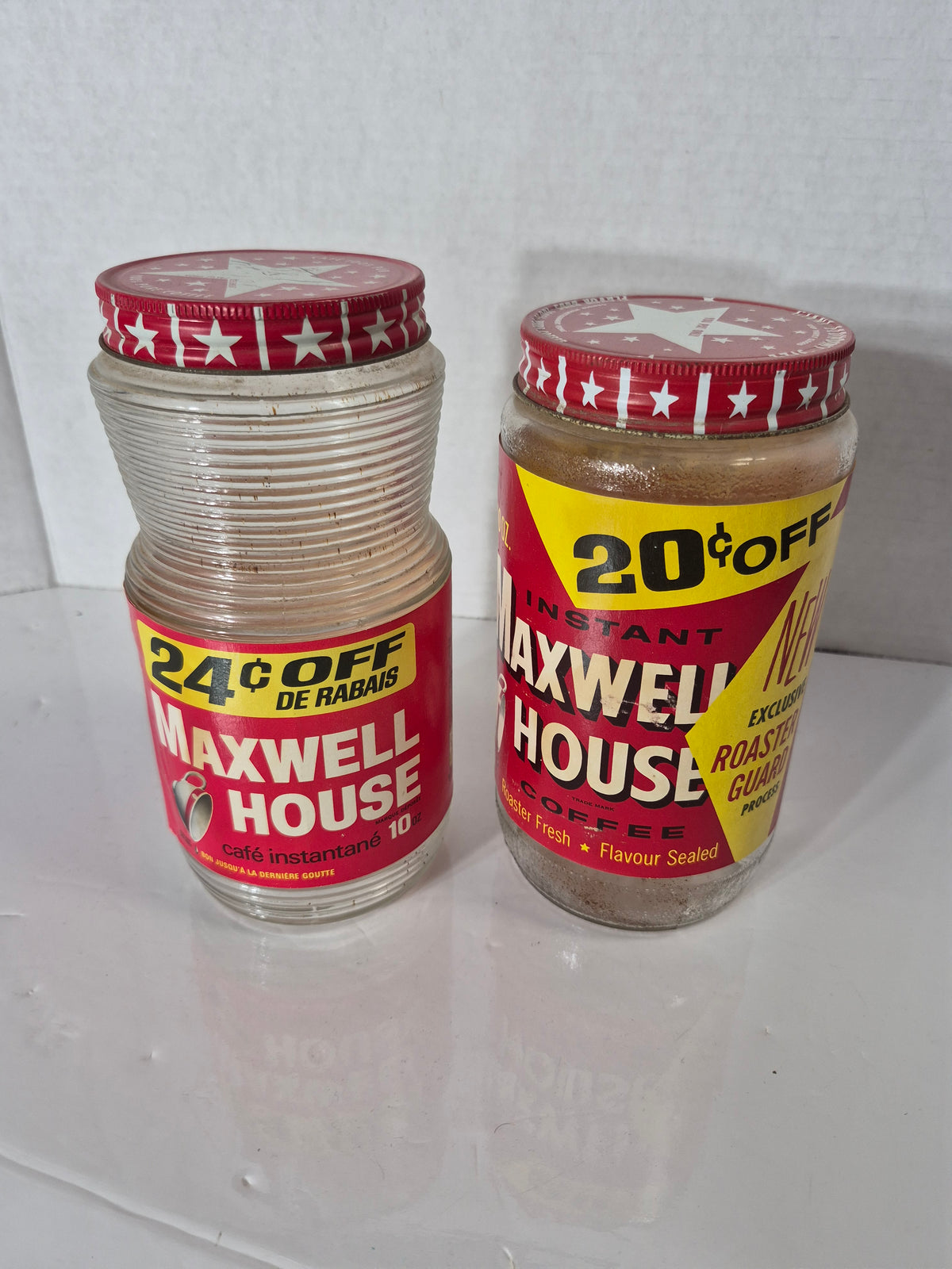 Vintage Maxwell House Instant Coffee Glass Jars – Set of 2 – Red Star Metal Lids – Canadian Bilingual Labels