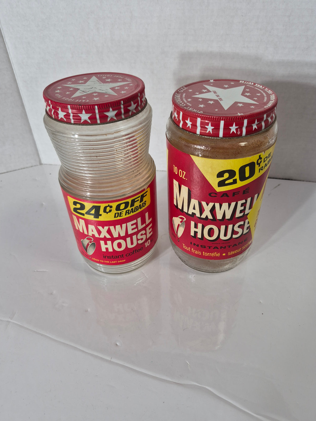 Vintage Maxwell House Instant Coffee Glass Jars – Set of 2 – Red Star Metal Lids – Canadian Bilingual Labels