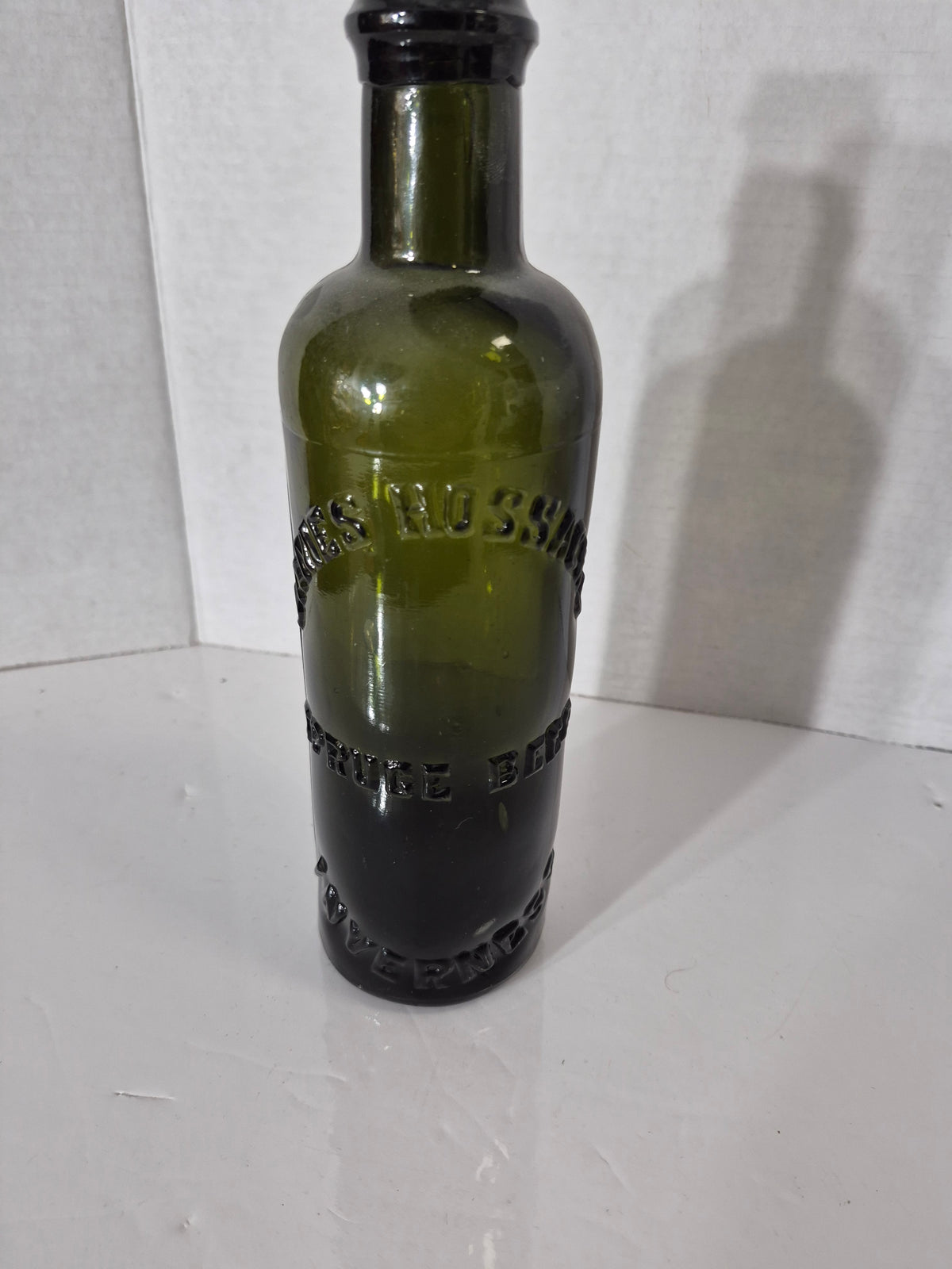 Antique James Hussey’s Spruce Beer Bottle – Olive Green Embossed Glass – Quebec