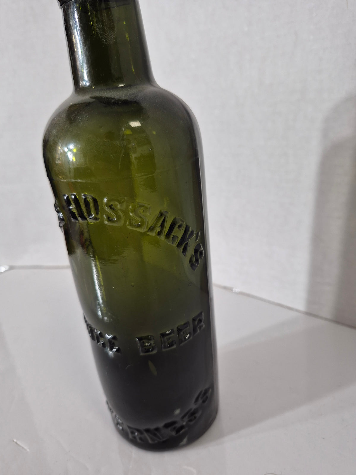 Antique James Hussey’s Spruce Beer Bottle – Olive Green Embossed Glass – Quebec
