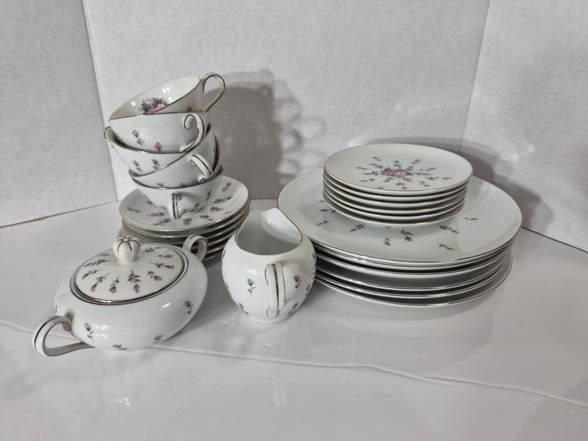Vintage Harmony House Rosebud Fine China Set – HH Lt. Dawn Grey – Japan – Platinum Trim