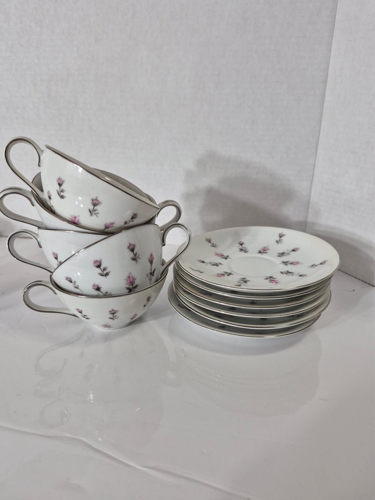 Vintage Harmony House Rosebud Fine China Set – HH Lt. Dawn Grey – Japan – Platinum Trim