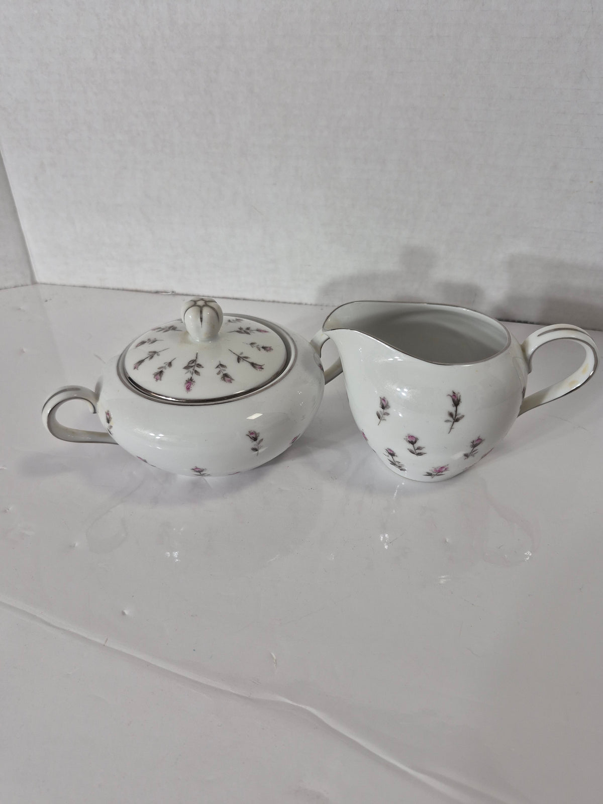 Vintage Harmony House Rosebud Fine China Set – HH Lt. Dawn Grey – Japan – Platinum Trim