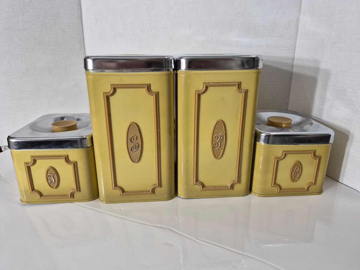 Vintage 1960s–70s Ekco Canada 4-Piece Harvest Gold Metal Canister Set – Flour, Sugar, Coffee & Tea