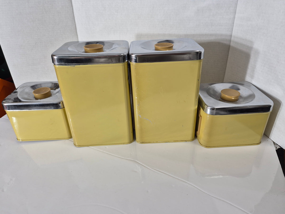 Vintage 1960s–70s Ekco Canada 4-Piece Harvest Gold Metal Canister Set – Flour, Sugar, Coffee & Tea