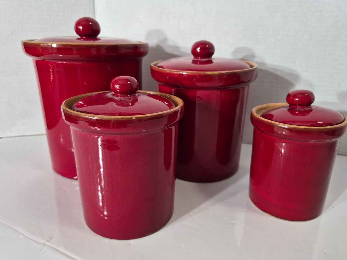 Vintage 4-Piece Burgundy Red Ceramic Kitchen Canister Set with Lids