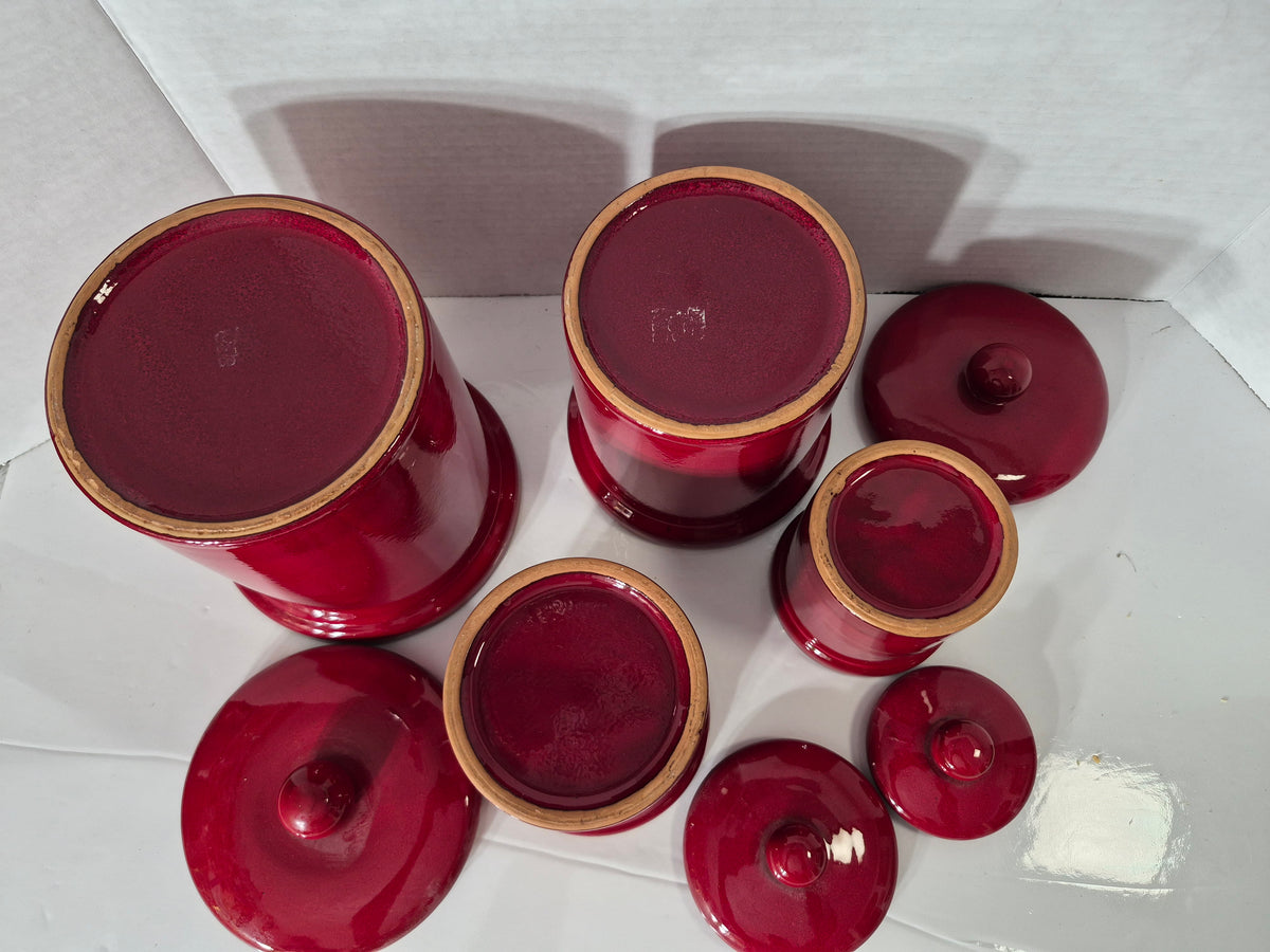 Vintage 4-Piece Burgundy Red Ceramic Kitchen Canister Set with Lids