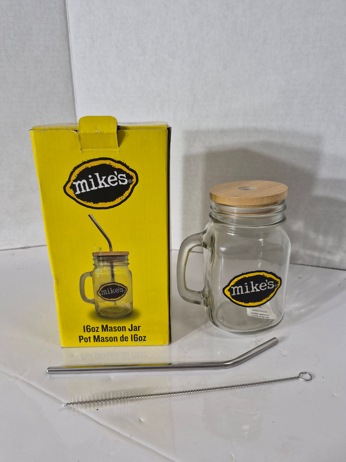 Mike’s Hard Lemonade 16 oz Mason Jar Drinking Mug with Bamboo Lid, Metal Straw, Cleaning Brush & Original Box