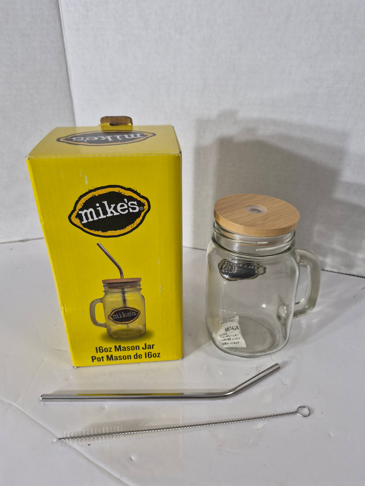 Mike’s Hard Lemonade 16 oz Mason Jar Drinking Mug with Bamboo Lid, Metal Straw, Cleaning Brush & Original Box