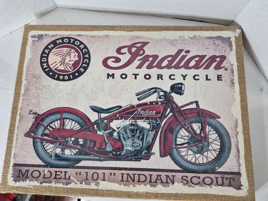 ndian Motorcycle “Model 101 Indian Scout” Burlap Canvas Wall Art – 22.5" × 16"