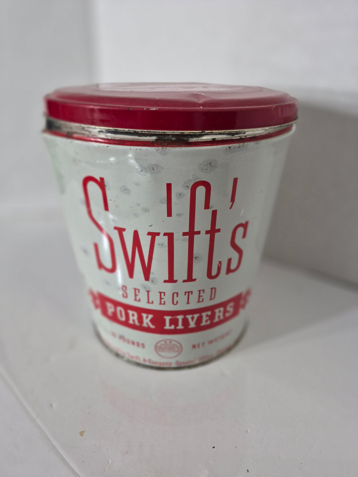 Vintage Swift’s Selected Pork Livers 10 lb Advertising Tin with Lid – 7.5" × 8.25"