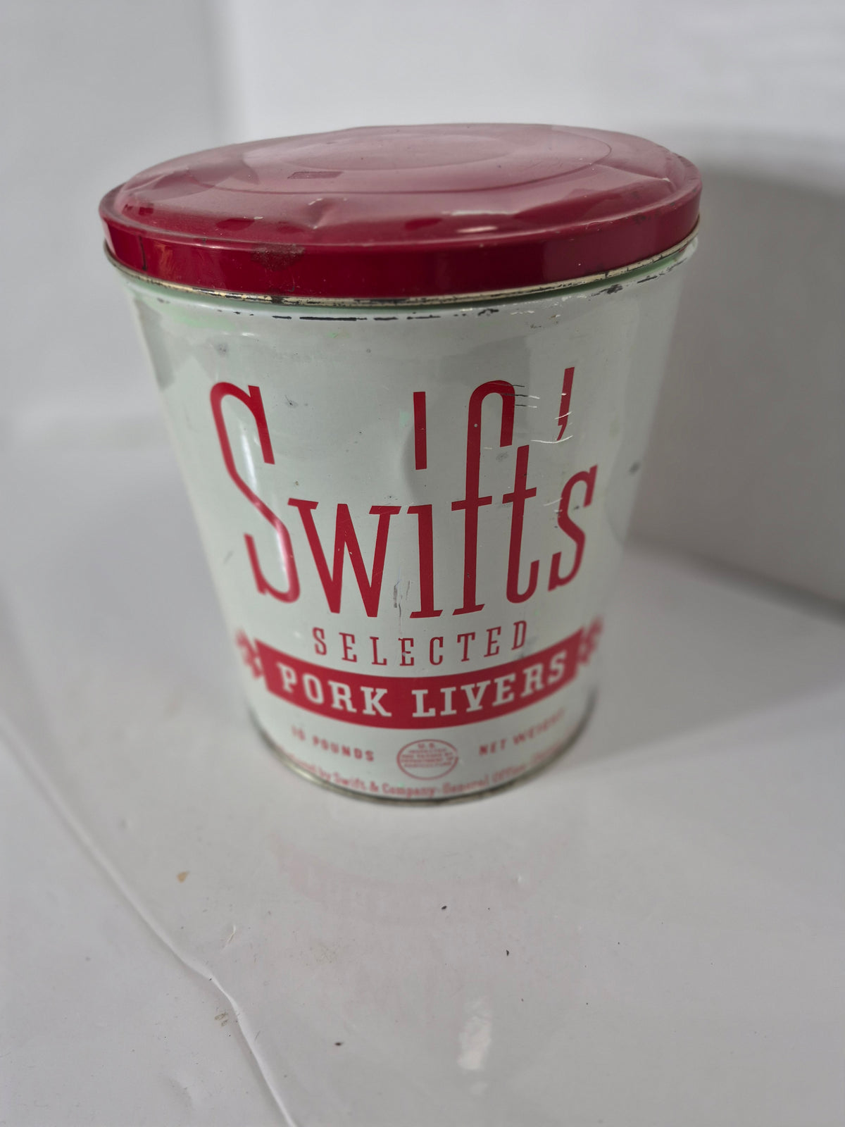 Vintage Swift’s Selected Pork Livers 10 lb Advertising Tin with Lid – 7.5" × 8.25"