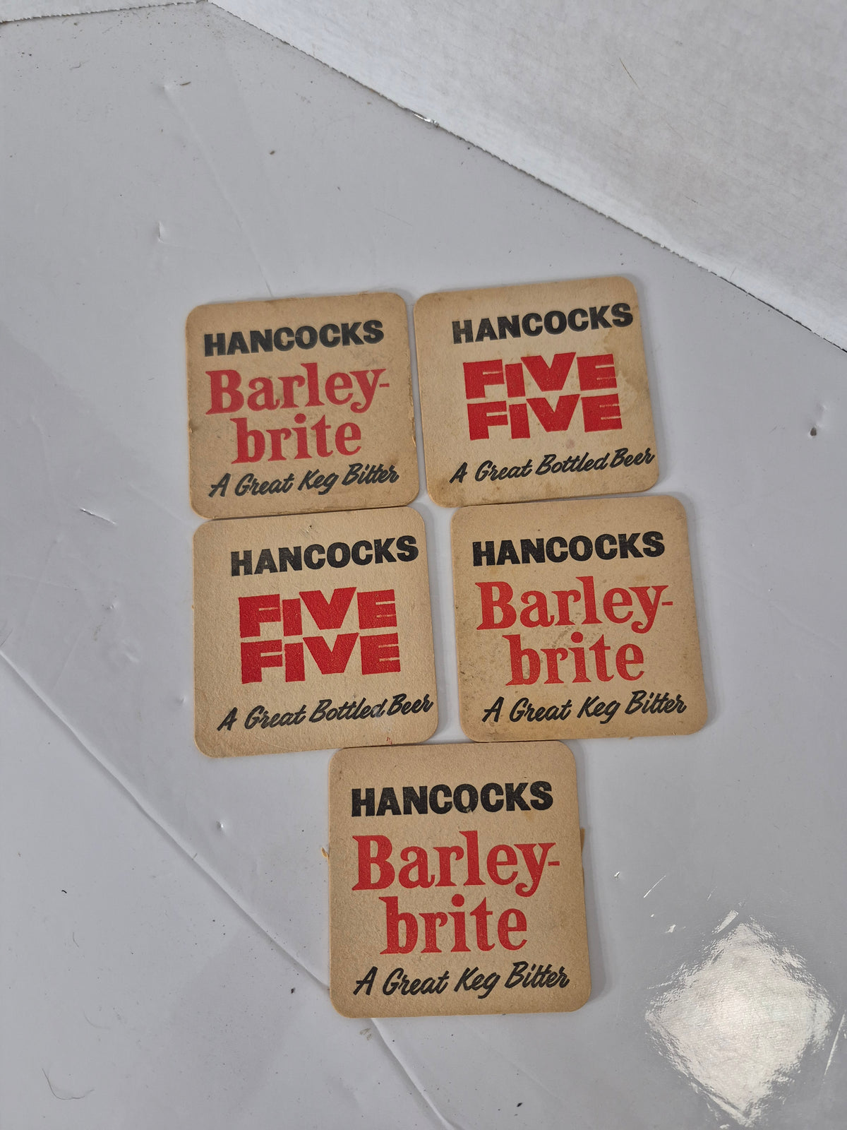 Vintage Hancocks Five Five & Barley-Brite Double-Sided Beer Coasters – Set of 5