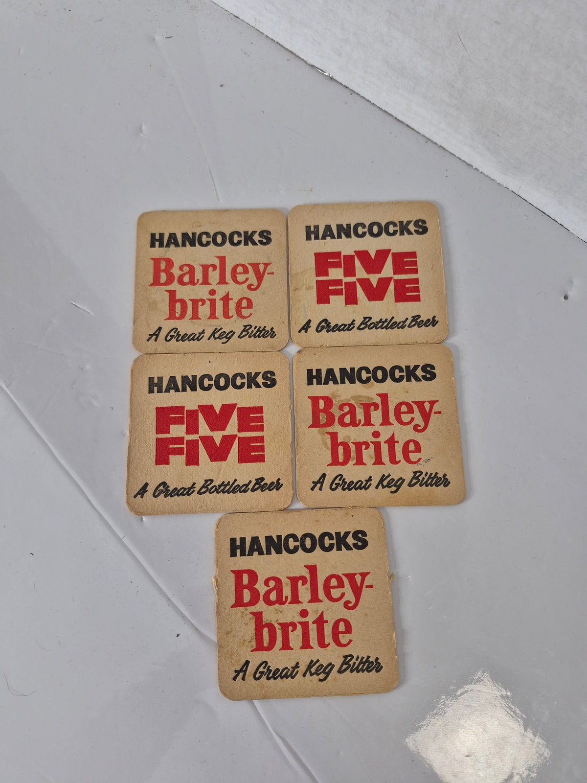 Vintage Hancocks Five Five & Barley-Brite Double-Sided Beer Coasters – Set of 5