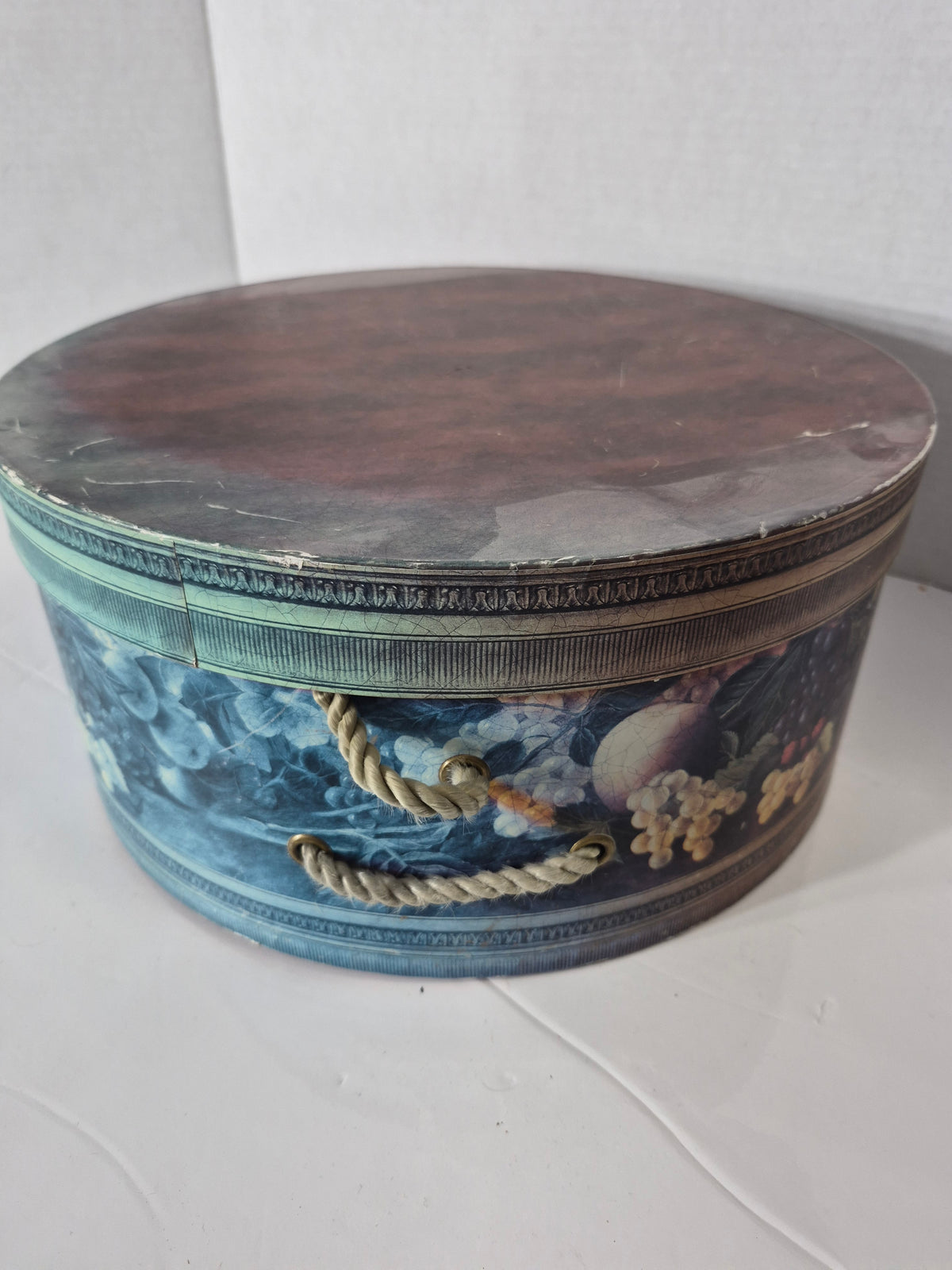 Vintage Round Floral & Fruit Hat Box with Rope Handle – 13"