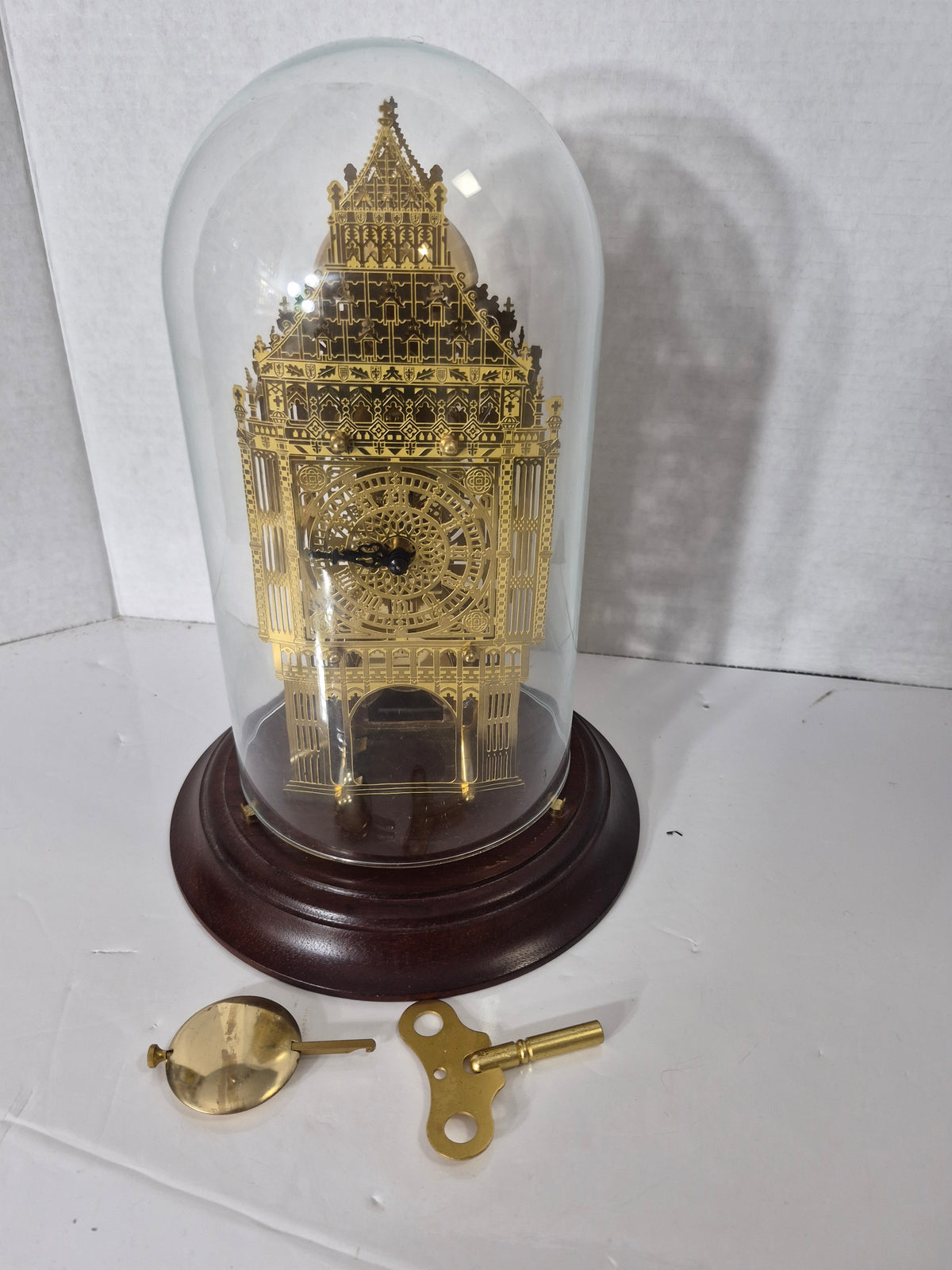 1988 Franklin Mint Big Ben Skeleton Mantel Clock – Hermle Germany – Glass Dome – Key & Pendulum – Not Working