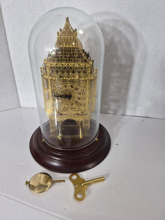 1988 Franklin Mint Big Ben Skeleton Mantel Clock – Hermle Germany – Glass Dome – Key & Pendulum – Not Working