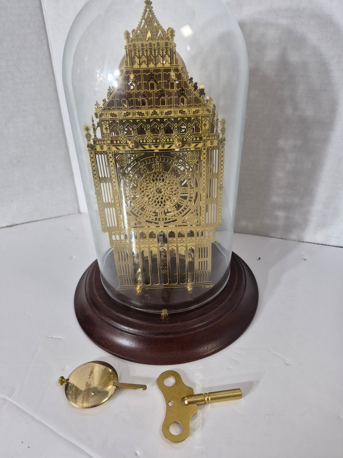 1988 Franklin Mint Big Ben Skeleton Mantel Clock – Hermle Germany – Glass Dome – Key & Pendulum – Not Working