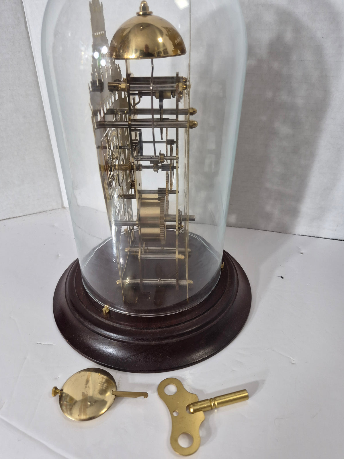 1988 Franklin Mint Big Ben Skeleton Mantel Clock – Hermle Germany – Glass Dome – Key & Pendulum – Not Working
