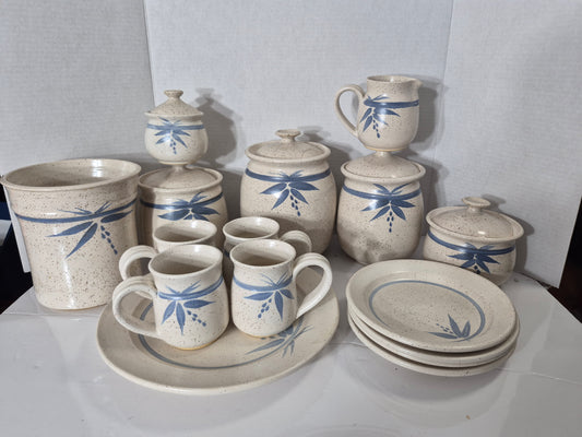 16-Piece Saskatoon Artist Handmade Stoneware Kitchen Set – Blue Floral Speckled Pottery