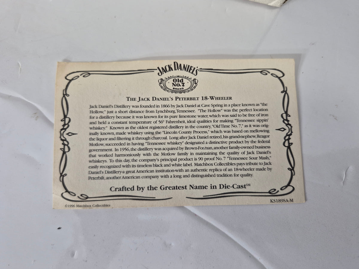 1996 Matchbox Collectibles Jack Daniel’s Peterbilt 18-Wheeler Die-Cast Tractor Trailer – Box & COA