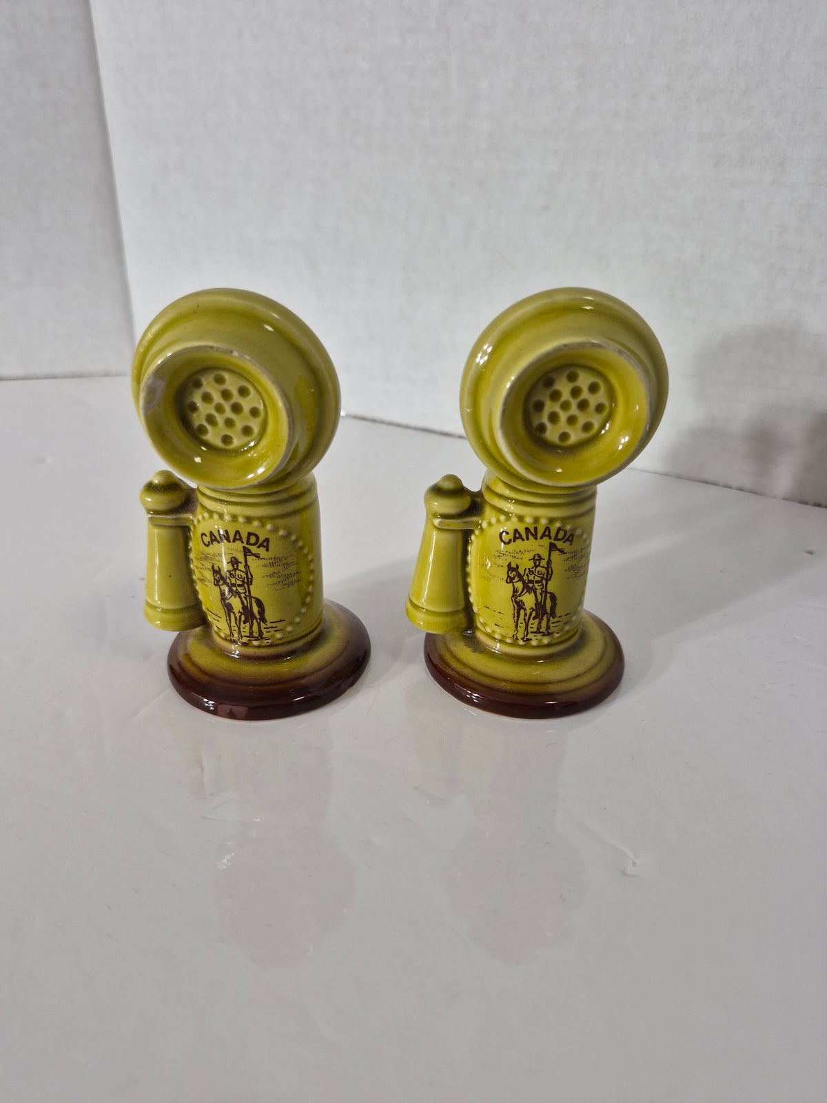 Vintage Japan Canada Souvenir Candlestick Telephone Salt & Pepper Shakers – Green Ceramic – 3.5"