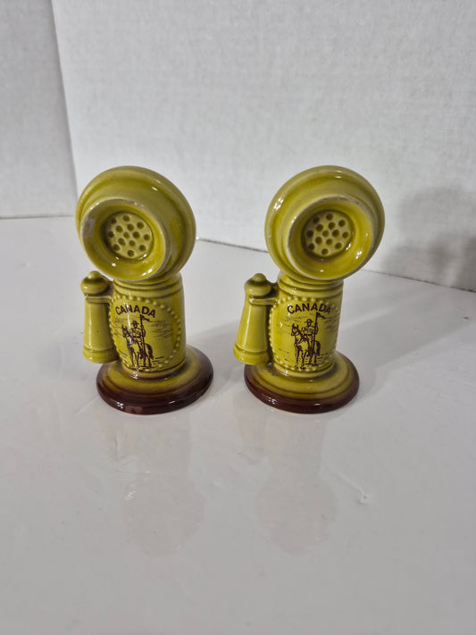 Vintage Japan Canada Souvenir Candlestick Telephone Salt & Pepper Shakers – Green Ceramic – 3.5"