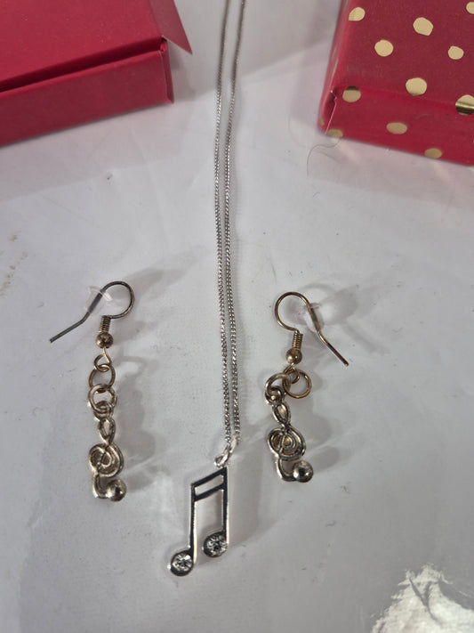 Music Note Necklace & Earrings Jewelry Set – Rhinestone Accent – Gift Box Included